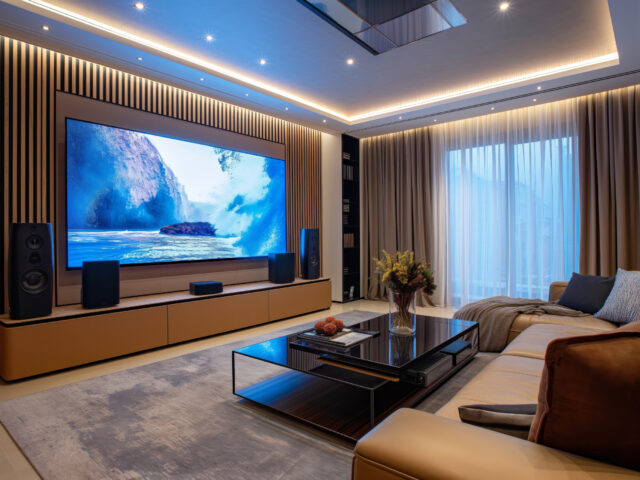 Modern luxury living room with home theater system and stylish decor, elegance concept