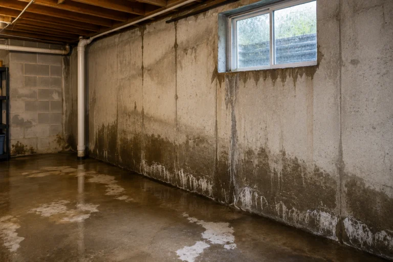 Wet basement floor and damp concrete foundation wall after heavy rain in a New Jersey home
