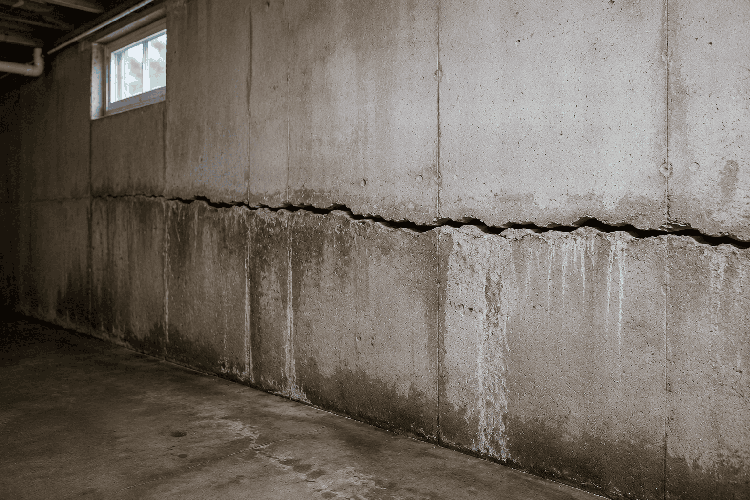 Horizontal foundation crack in a New Jersey basement wall showing signs of moisture pressure and structural stress